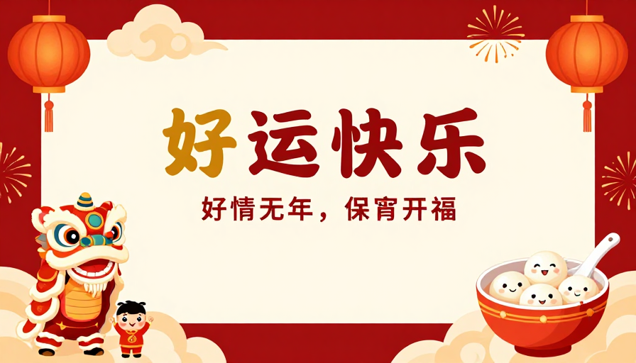 喜庆春节插画：舞狮与汤圆点缀的团圆年