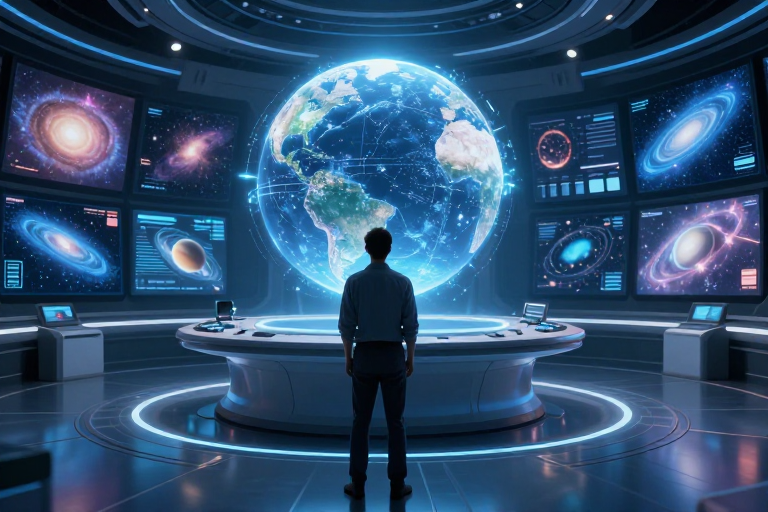 未来科技凝视:蓝调宇宙背景下的神秘男性