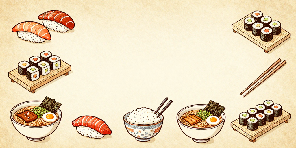 复古日式料理留白插画,寿司拉面环绕构图