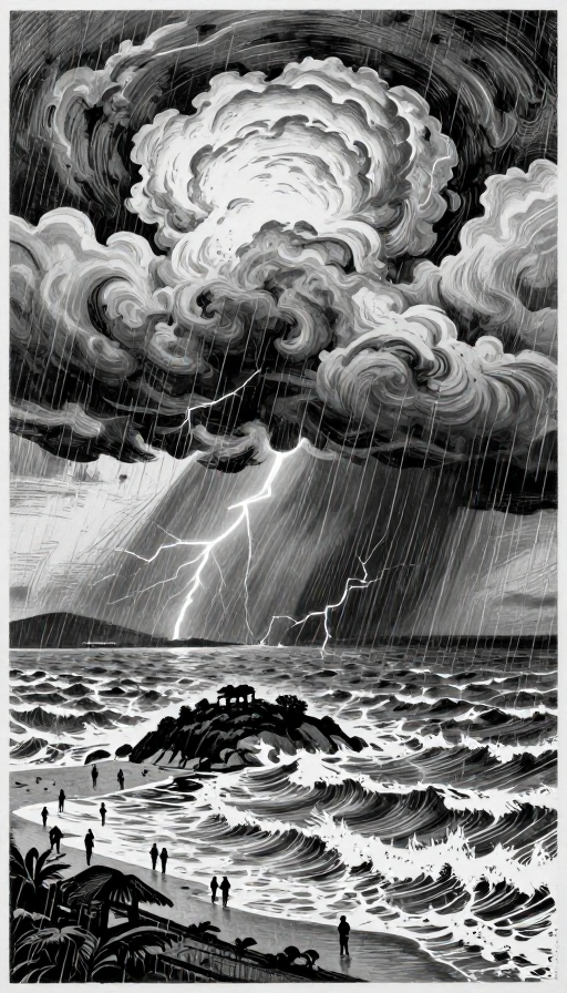 2025台风韦帕:江门黑白版画中的末日风暴