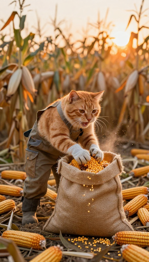 拟人橘猫丰收装玉米:黄昏暖光田野动态瞬间