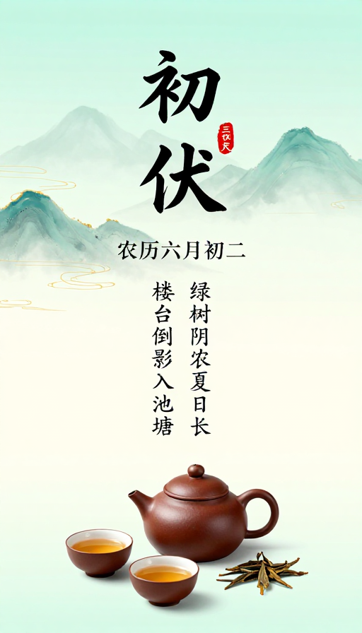 初伏·青绿水墨海报:节气雅韵与茶禅意境