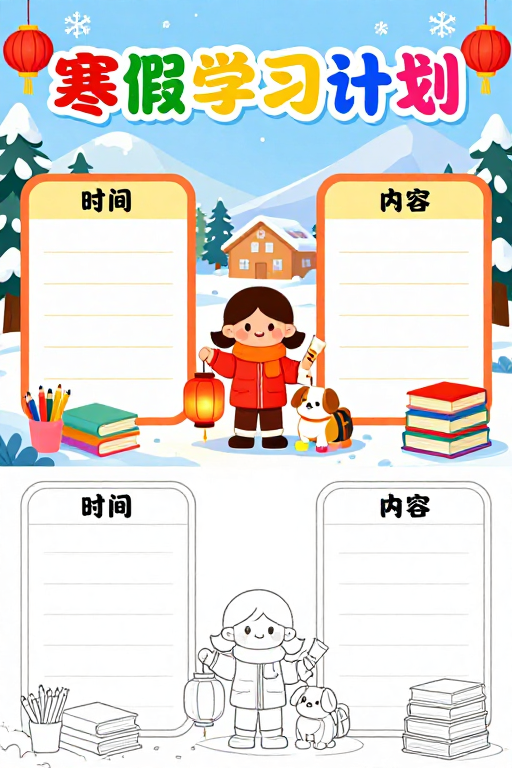 童趣寒假学习手绘海报:色彩缤纷规划锦囊