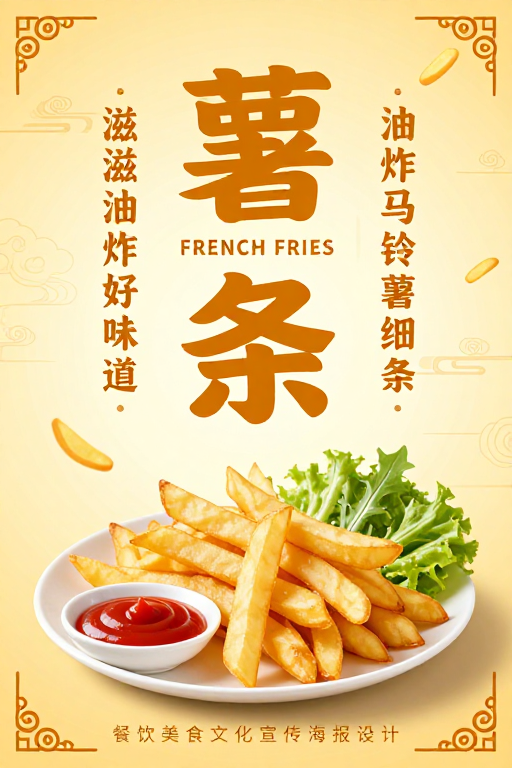 暖黄渐变中式薯条海报：融合传统与现代的东方食欲盛宴