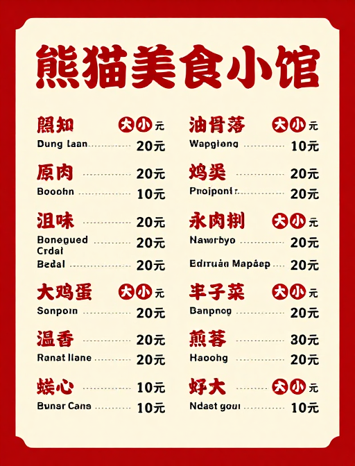 熊猫美食馆中式价目表设计：红金配色门店展示