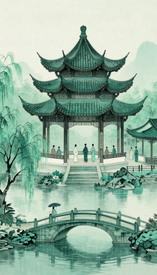 烟雨江南·古朴亭阁：中式水墨意境图