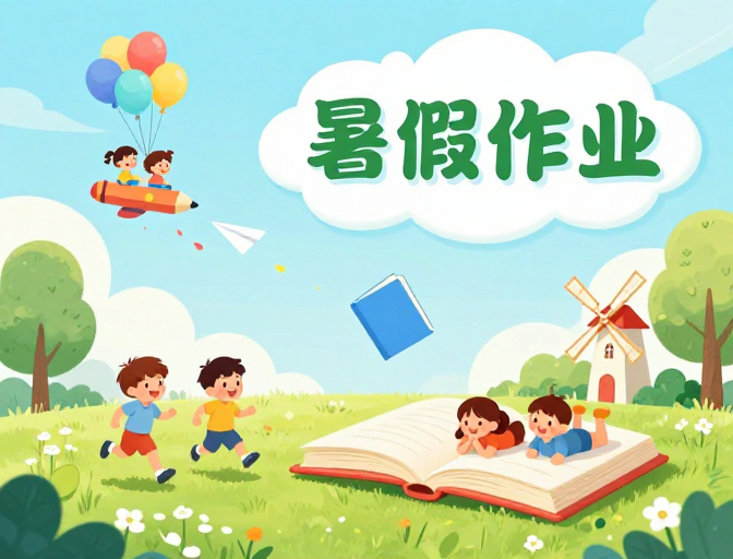 清新夏日童趣插画:暑假作业快乐时光