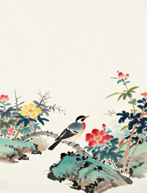 绚烂留白：极简主义国画山水花鸟艺术图