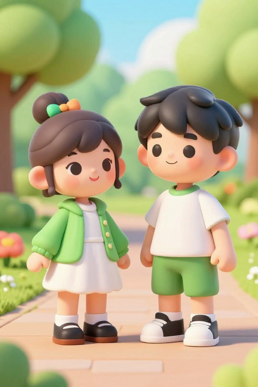 阳光公园里的温馨3D孩童双像
