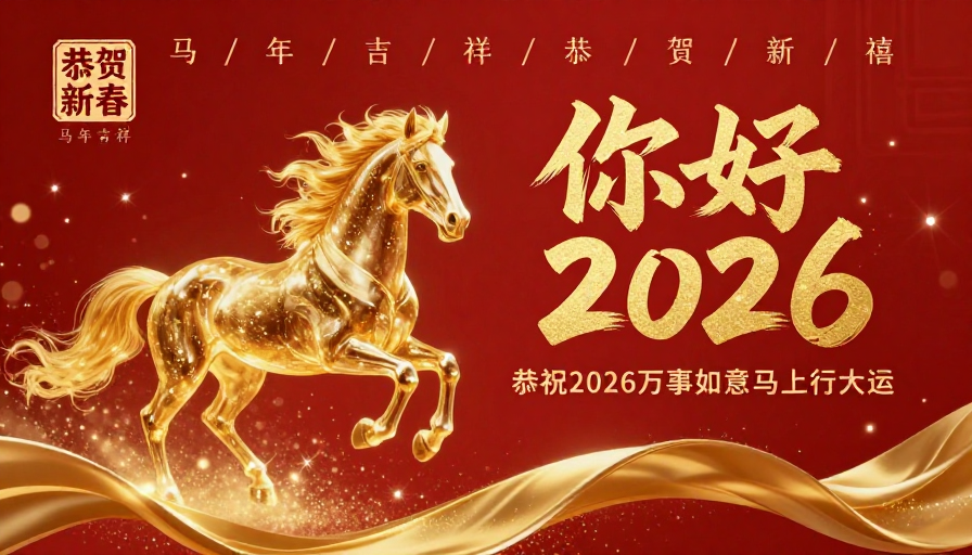 2026新年贺图，金白马奔腾迎祥瑞