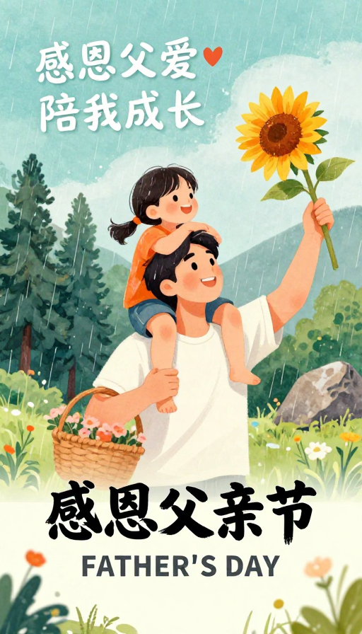 温馨治愈水彩父爱插画海报 父亲节主题