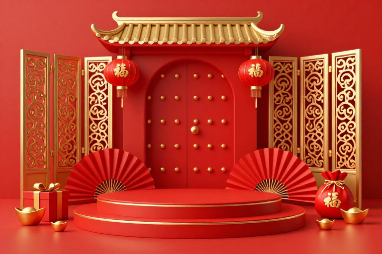 红金喜庆中国风3D场景展示图