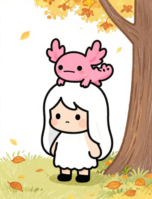 秋日童话:可爱卡通男孩与害羞粉axolotl的温馨彩铅画