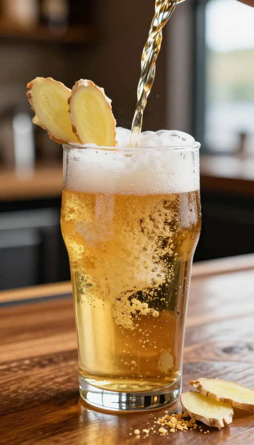 微距生姜啤酒：金黄泡沫邂逅温热木吧
