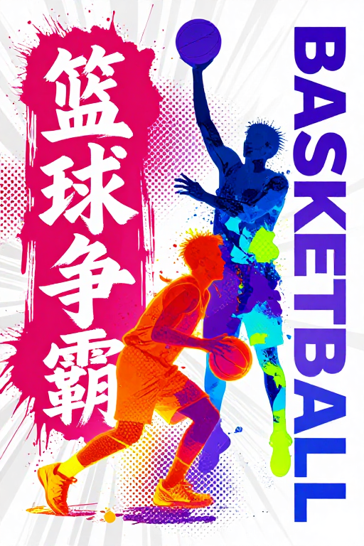 活力撞色街头篮球争霸:水墨波点融合海报