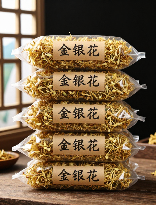 透明袋金银花包装实拍,深色桌面配瀑布山景