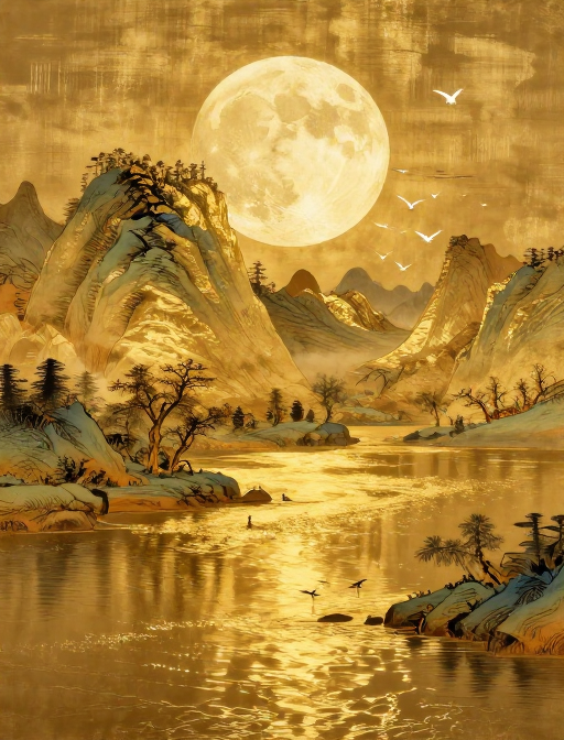 金箔映月：工笔山水的静谧与华彩