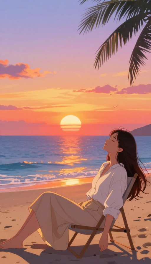 落日余晖下的静谧休憩：治愈系动漫插画