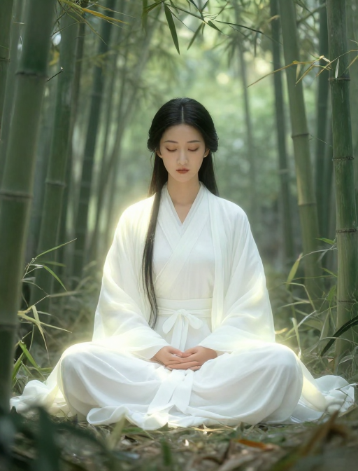 东方仙韵:佛系白衣女子竹林光影素描