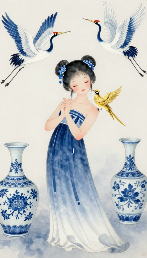 水墨青花双髻少女插画：青瓷与仙鹤的恬静之美