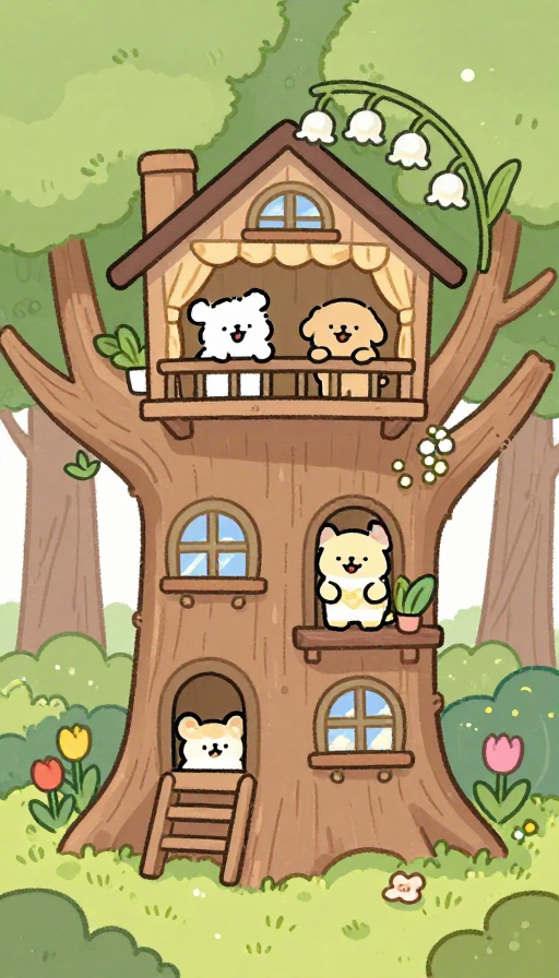 森林三层树屋住小动物 治愈系插画风