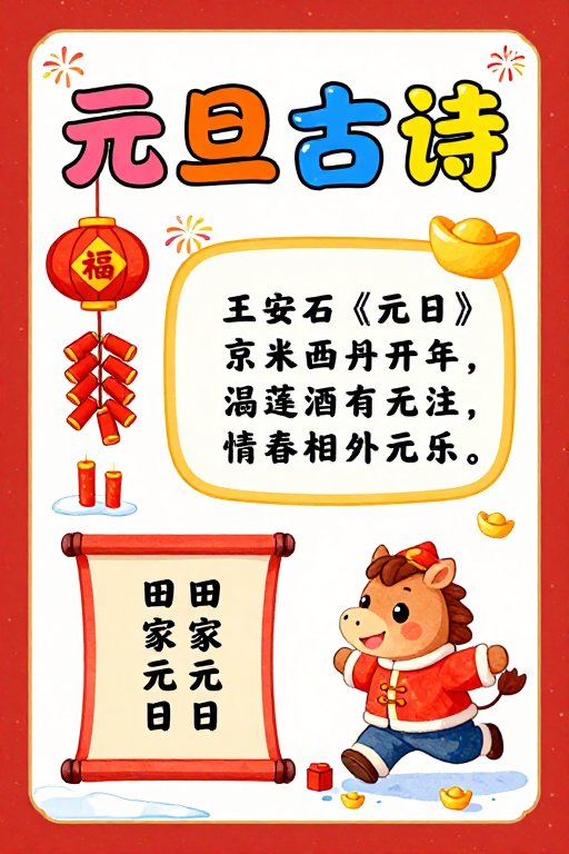 元旦古诗手绘海报：童趣色彩与传统文化结合