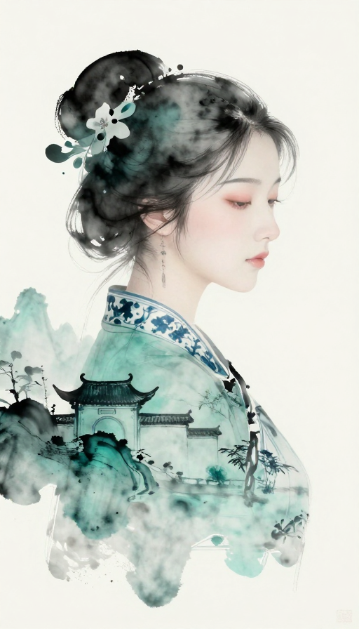 新中式水墨意境：古典美人融于山水建筑的内心宁静