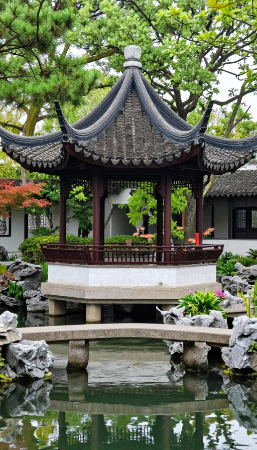 古典园林意境：亭台楼阁与四季花卉的和谐画卷