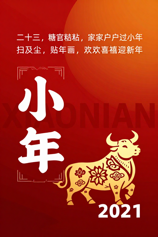 2021小年海报:红色渐变与牛年剪影融合