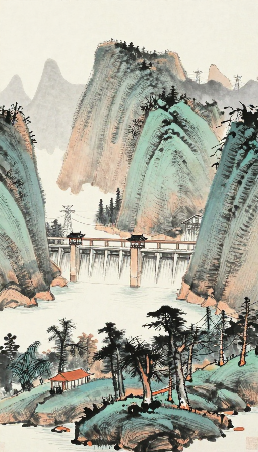 水墨山水与现代水坝交融的东方画卷