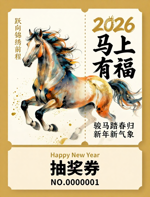 中国风新年水墨骏马抽奖券设计