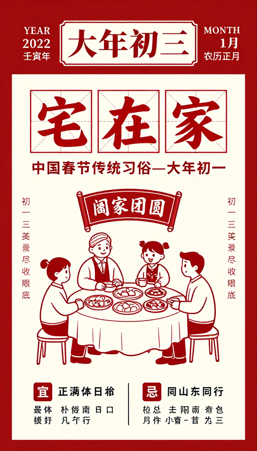 春节团圆·传统书法与家庭插画海报设计