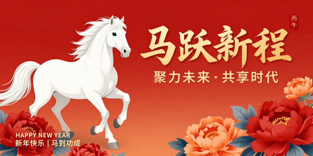 新岁马跃·牡丹迎春 现代插画风春节海报