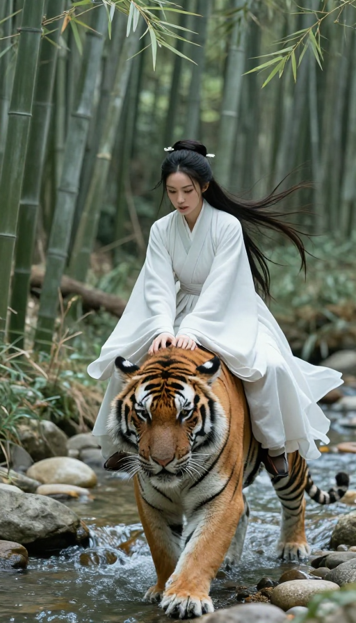 古风侠女驯虎：竹林溪畔的威风凛凛对决