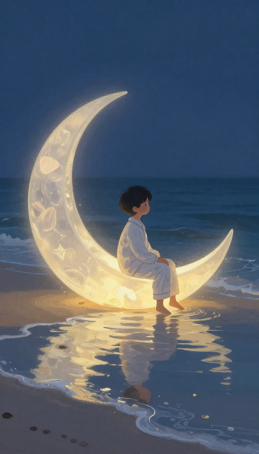 睡衣男孩与梦幻弯月:治愈水粉童话夜景