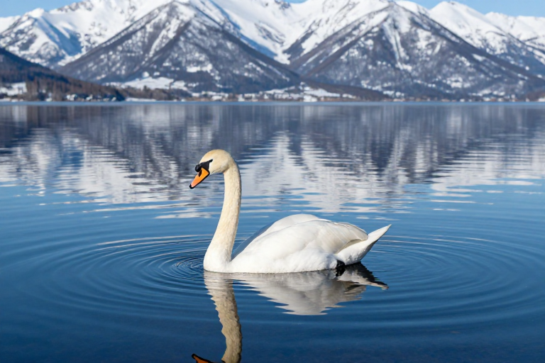 洁白天鹅悠然湖畔：蓝白光影的自然画卷