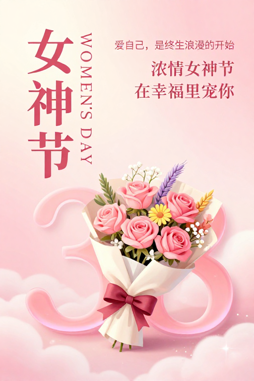 粉色梦幻女神节海报,温馨浪漫的38妇女节艺术