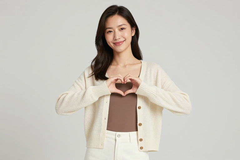 微笑暖光下的亚洲女性心形手势人像摄影