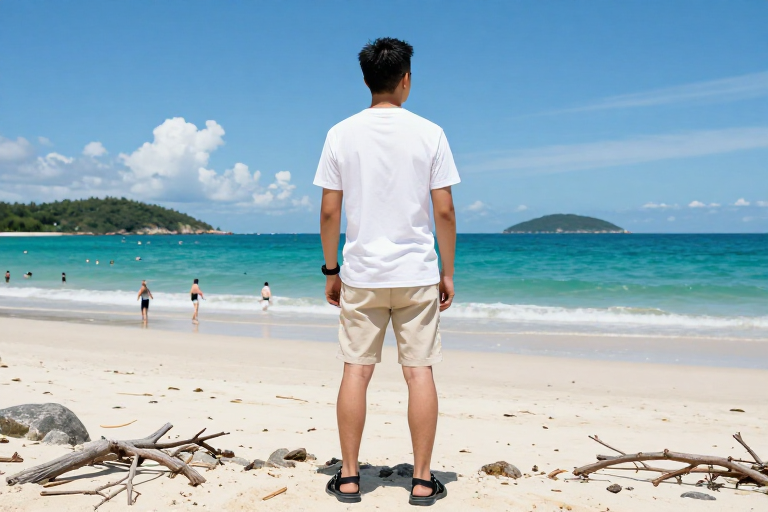 碧海蓝天下的静谧旅人