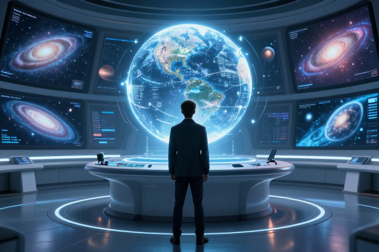 未来科技:冷调光影下的男子凝视全息宇宙