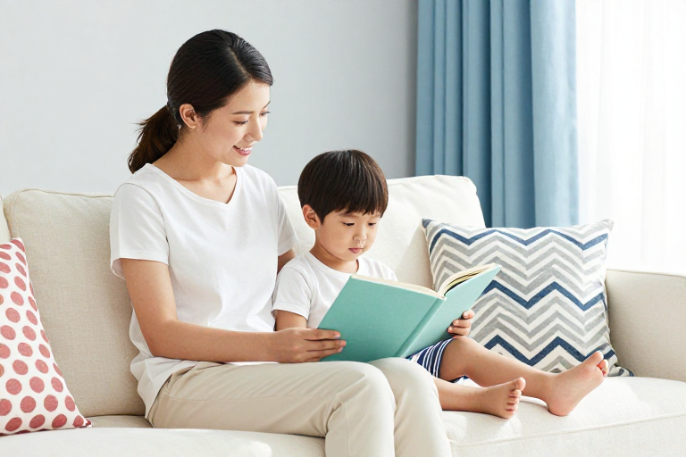 母子温情瞬间：侧逆光下的温馨家庭照