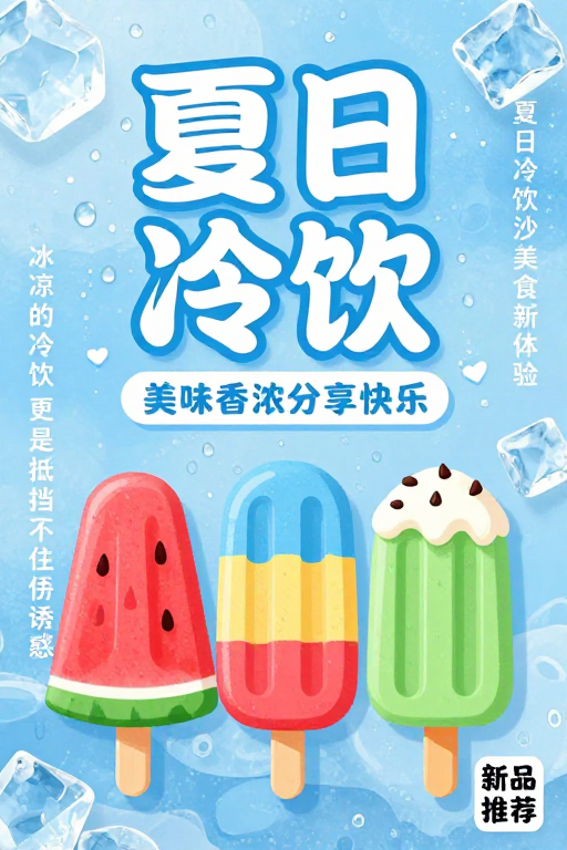 夏日冰饮海报：立体文字与缤纷雪糕插画融合设计