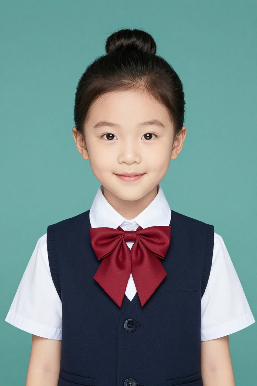 柔光下的亚洲少女:高丸子头与红领结的纯净笑容