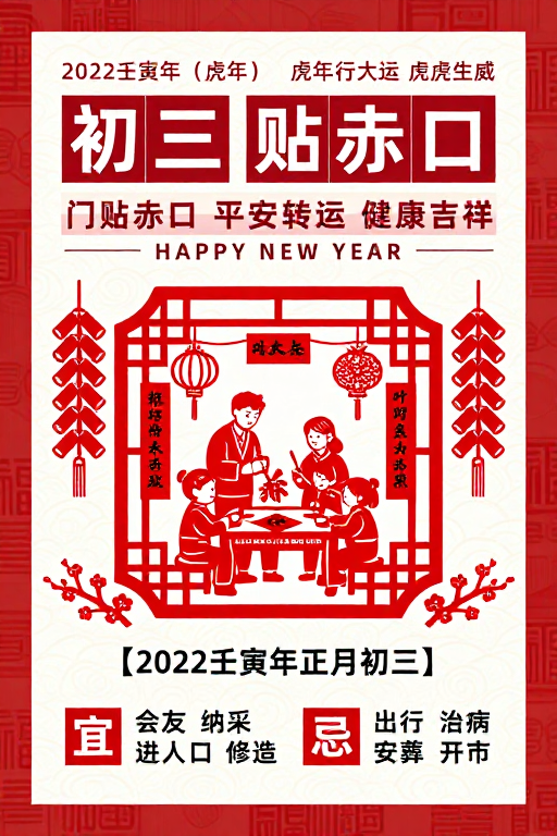 红白剪纸风春节海报：贴赤口迎新纳福