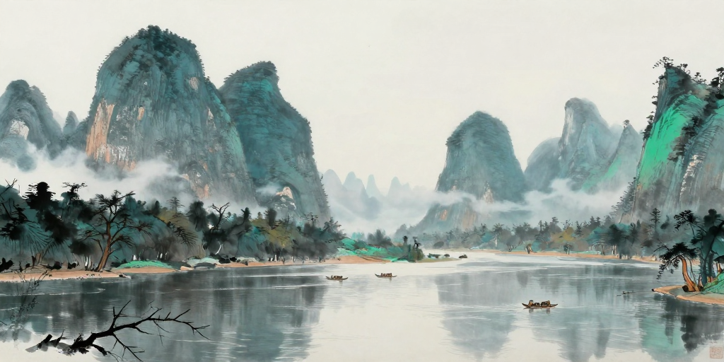 水墨漓江:青峰云影与舟棹静景