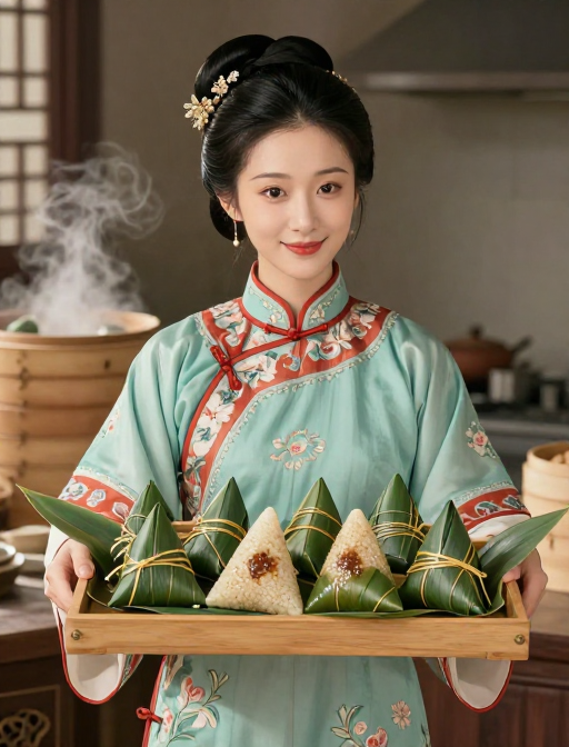 古典旗袍美女端粽，工笔国画意境端午传统