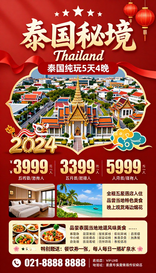 泰国秘境·中国风喜庆旅游海报