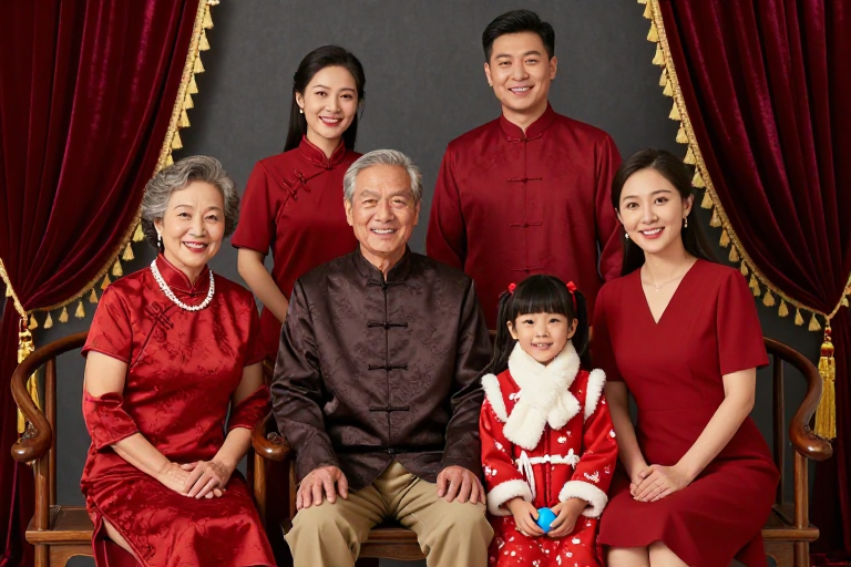 六口之家春节合影:中式服饰与温馨家庭氛围