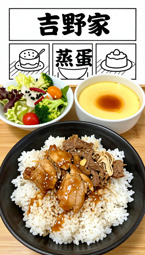 手绘吉野家午餐:创意鸡肉饭与牛肉饭插画