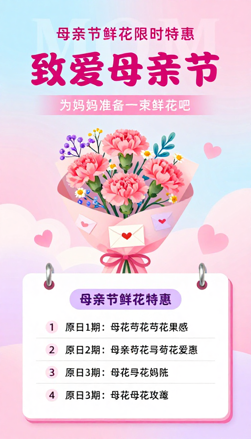 母亲节温馨插画鲜花促销海报设计